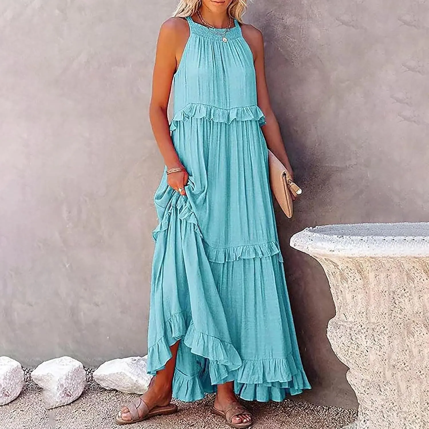 Summer Dresses for Women 2025 Casual Sleeveless Halter Neck Maxi Dress Plus Size Loose Flowy Ruffle Beach Sundresses