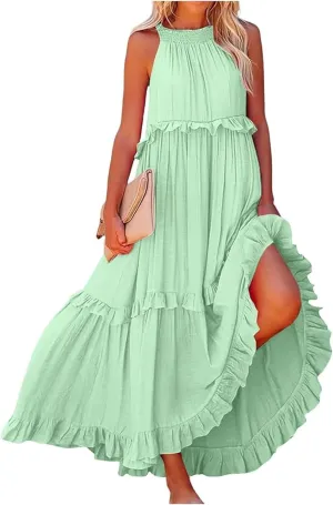 Summer Dresses for Women 2025 Casual Sleeveless Halter Neck Maxi Dress Plus Size Loose Flowy Ruffle Beach Sundresses