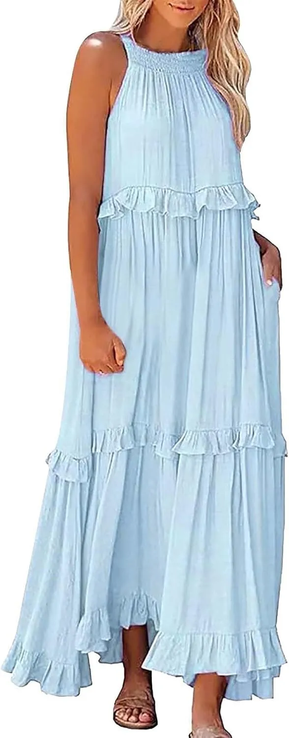 Summer Dresses for Women 2025 Casual Sleeveless Halter Neck Maxi Dress Plus Size Loose Flowy Ruffle Beach Sundresses