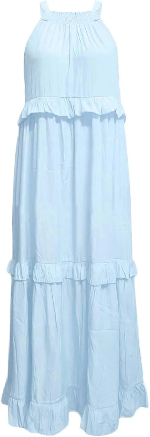 Summer Dresses for Women 2025 Casual Sleeveless Halter Neck Maxi Dress Plus Size Loose Flowy Ruffle Beach Sundresses
