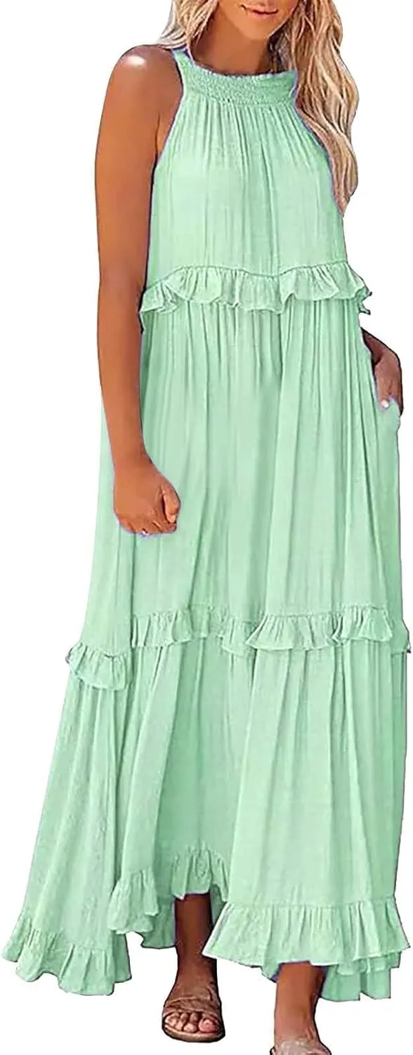 Summer Dresses for Women 2025 Casual Sleeveless Halter Neck Maxi Dress Plus Size Loose Flowy Ruffle Beach Sundresses