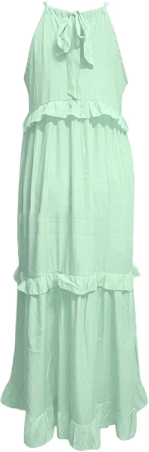 Summer Dresses for Women 2025 Casual Sleeveless Halter Neck Maxi Dress Plus Size Loose Flowy Ruffle Beach Sundresses