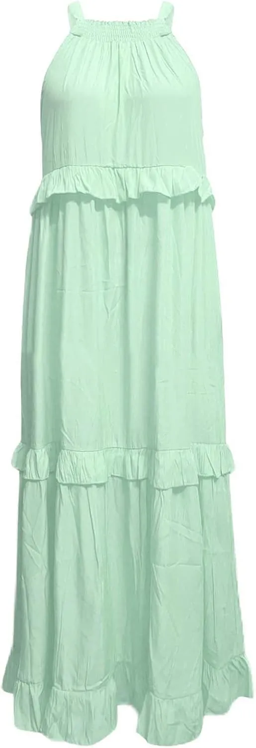 Summer Dresses for Women 2025 Casual Sleeveless Halter Neck Maxi Dress Plus Size Loose Flowy Ruffle Beach Sundresses