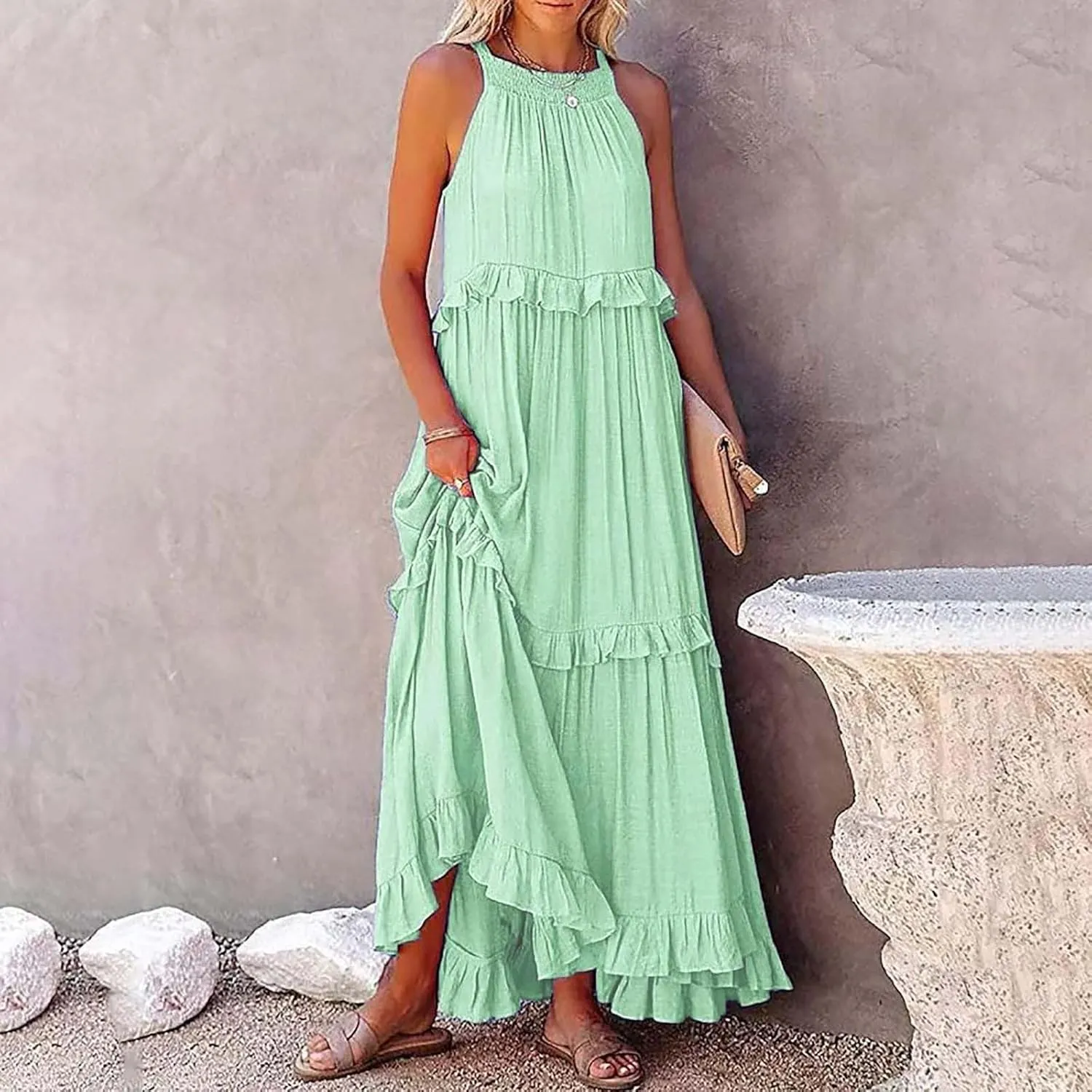 Summer Dresses for Women 2025 Casual Sleeveless Halter Neck Maxi Dress Plus Size Loose Flowy Ruffle Beach Sundresses