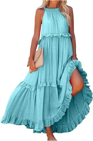 Summer Dresses for Women 2025 Casual Sleeveless Halter Neck Maxi Dress Plus Size Loose Flowy Ruffle Beach Sundresses