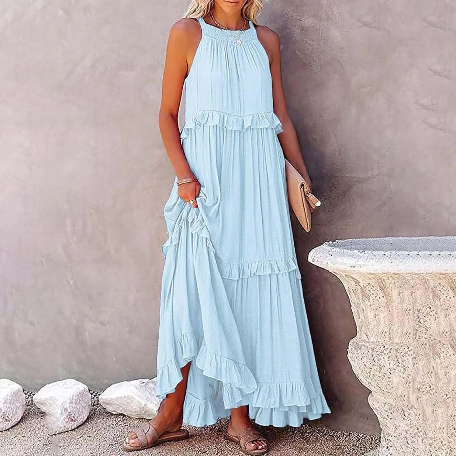 Summer Dresses for Women 2025 Casual Sleeveless Halter Neck Maxi Dress Plus Size Loose Flowy Ruffle Beach Sundresses