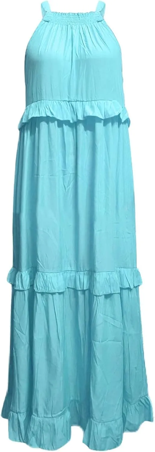 Summer Dresses for Women 2025 Casual Sleeveless Halter Neck Maxi Dress Plus Size Loose Flowy Ruffle Beach Sundresses
