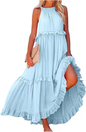 Summer Dresses for Women 2025 Casual Sleeveless Halter Neck Maxi Dress Plus Size Loose Flowy Ruffle Beach Sundresses