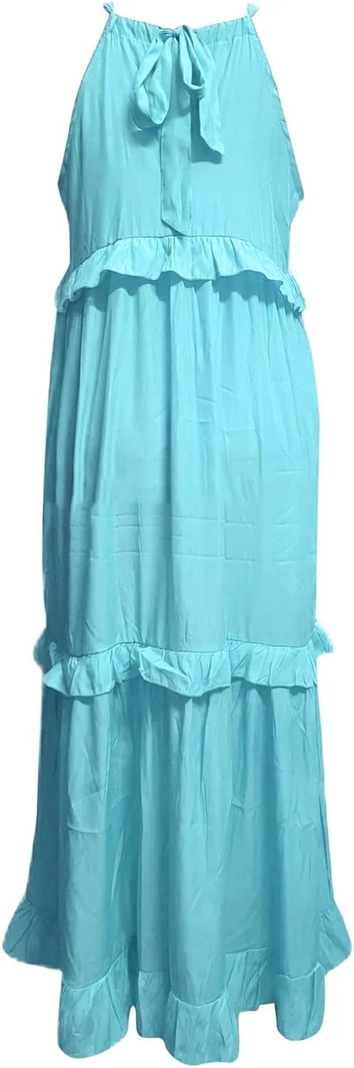 Summer Dresses for Women 2025 Casual Sleeveless Halter Neck Maxi Dress Plus Size Loose Flowy Ruffle Beach Sundresses