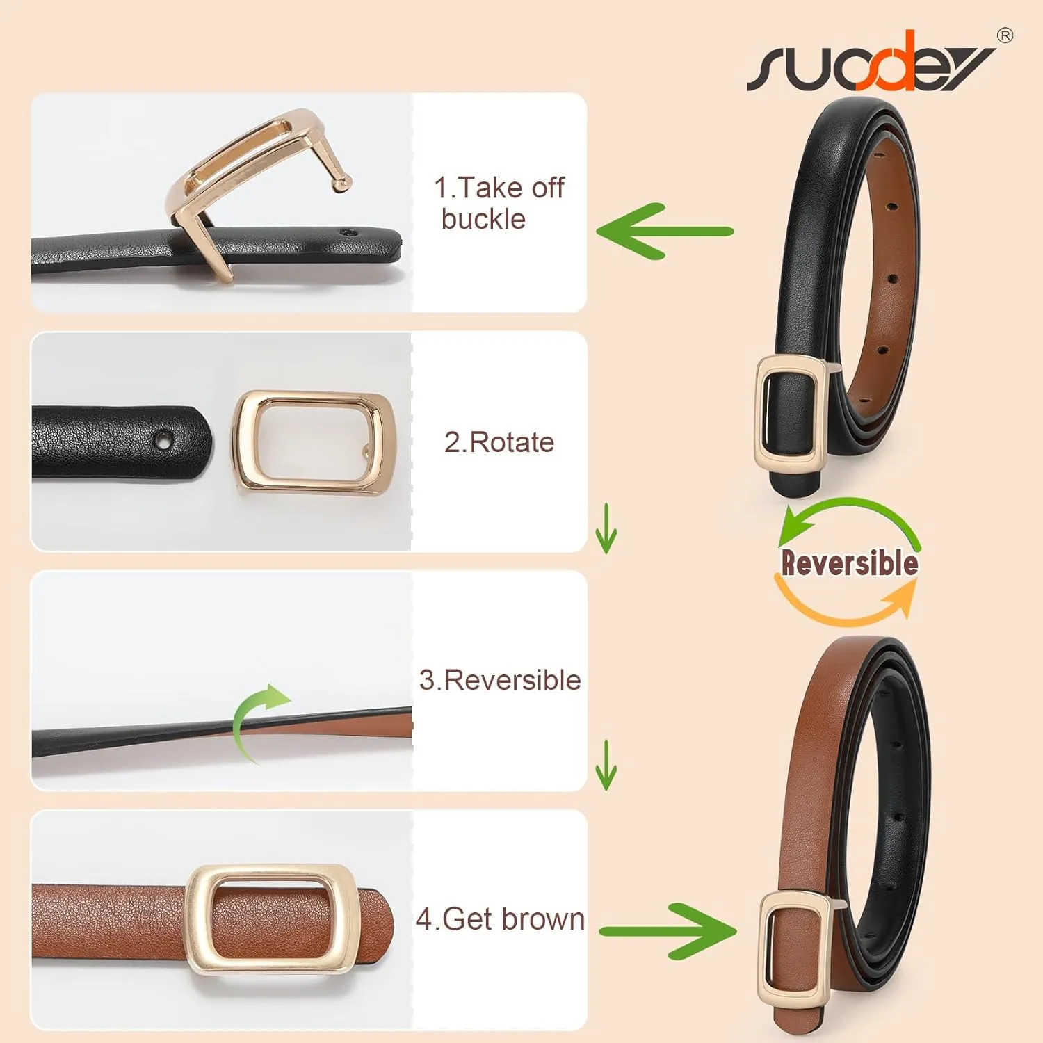 SUOSDEY 2 Pack Women Reversible Thin Leather Belts for Dresses Skinny Waist Belts for Jeans Pants, 0.6" Width