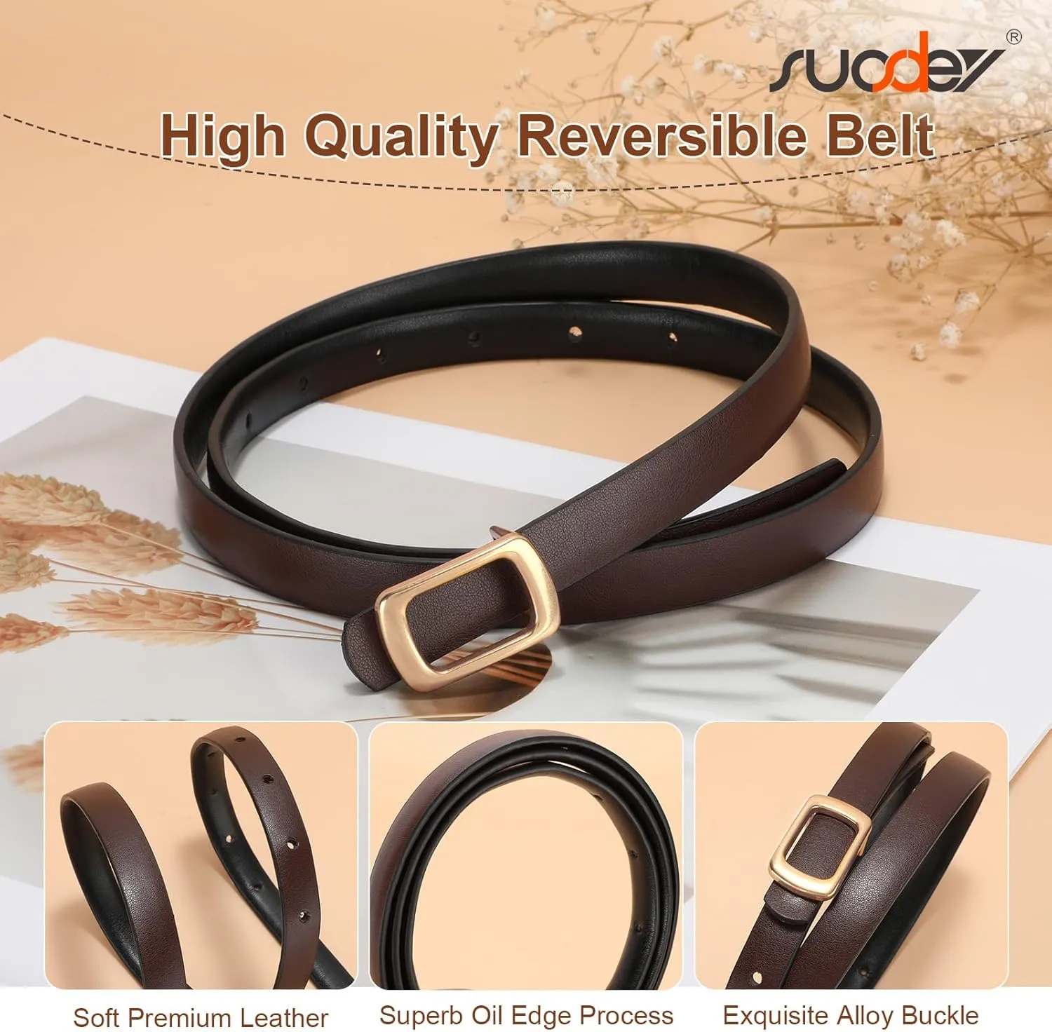 SUOSDEY 2 Pack Women Reversible Thin Leather Belts for Dresses Skinny Waist Belts for Jeans Pants, 0.6" Width