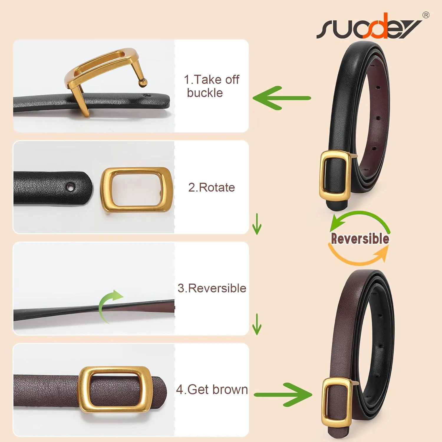 SUOSDEY 2 Pack Women Reversible Thin Leather Belts for Dresses Skinny Waist Belts for Jeans Pants, 0.6" Width