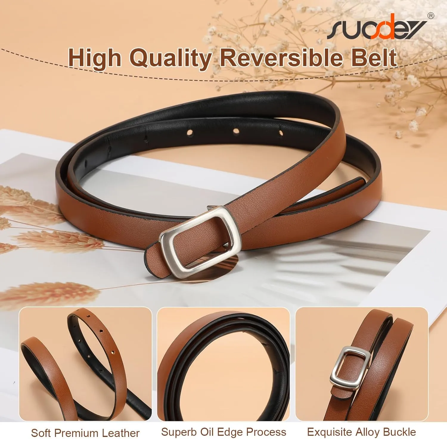 SUOSDEY 2 Pack Women Reversible Thin Leather Belts for Dresses Skinny Waist Belts for Jeans Pants, 0.6" Width