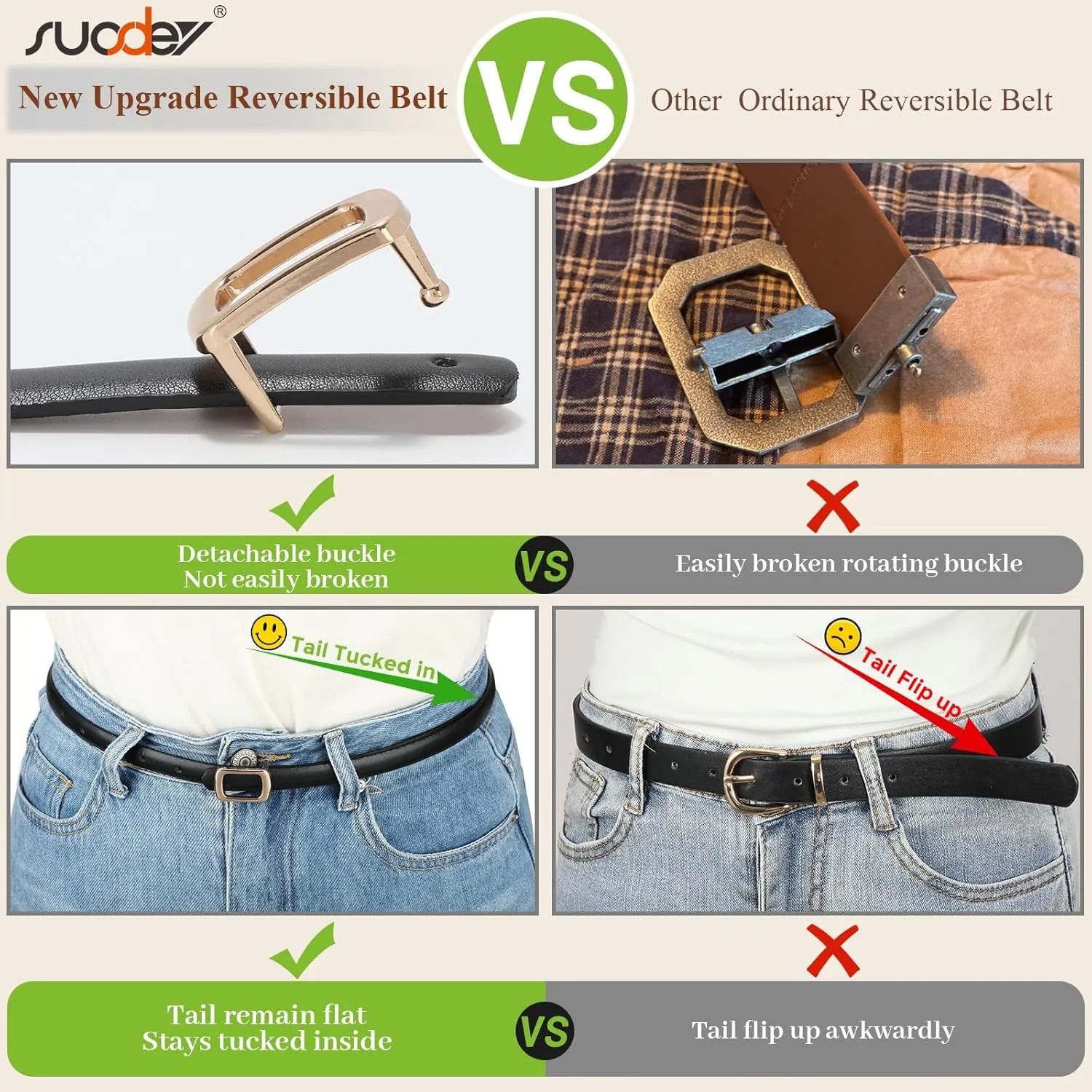 SUOSDEY 2 Pack Women Reversible Thin Leather Belts for Dresses Skinny Waist Belts for Jeans Pants, 0.6" Width