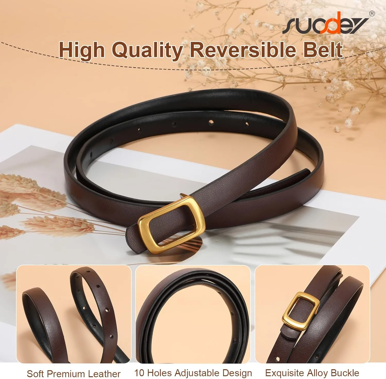 SUOSDEY 2 Pack Women Reversible Thin Leather Belts for Dresses Skinny Waist Belts for Jeans Pants, 0.6" Width