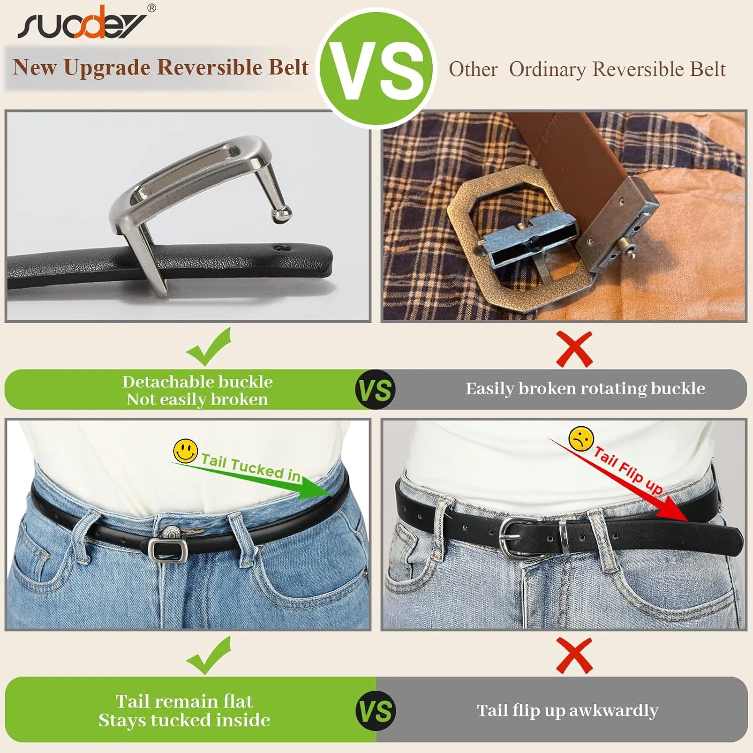 SUOSDEY 2 Pack Women Reversible Thin Leather Belts for Dresses Skinny Waist Belts for Jeans Pants, 0.6" Width