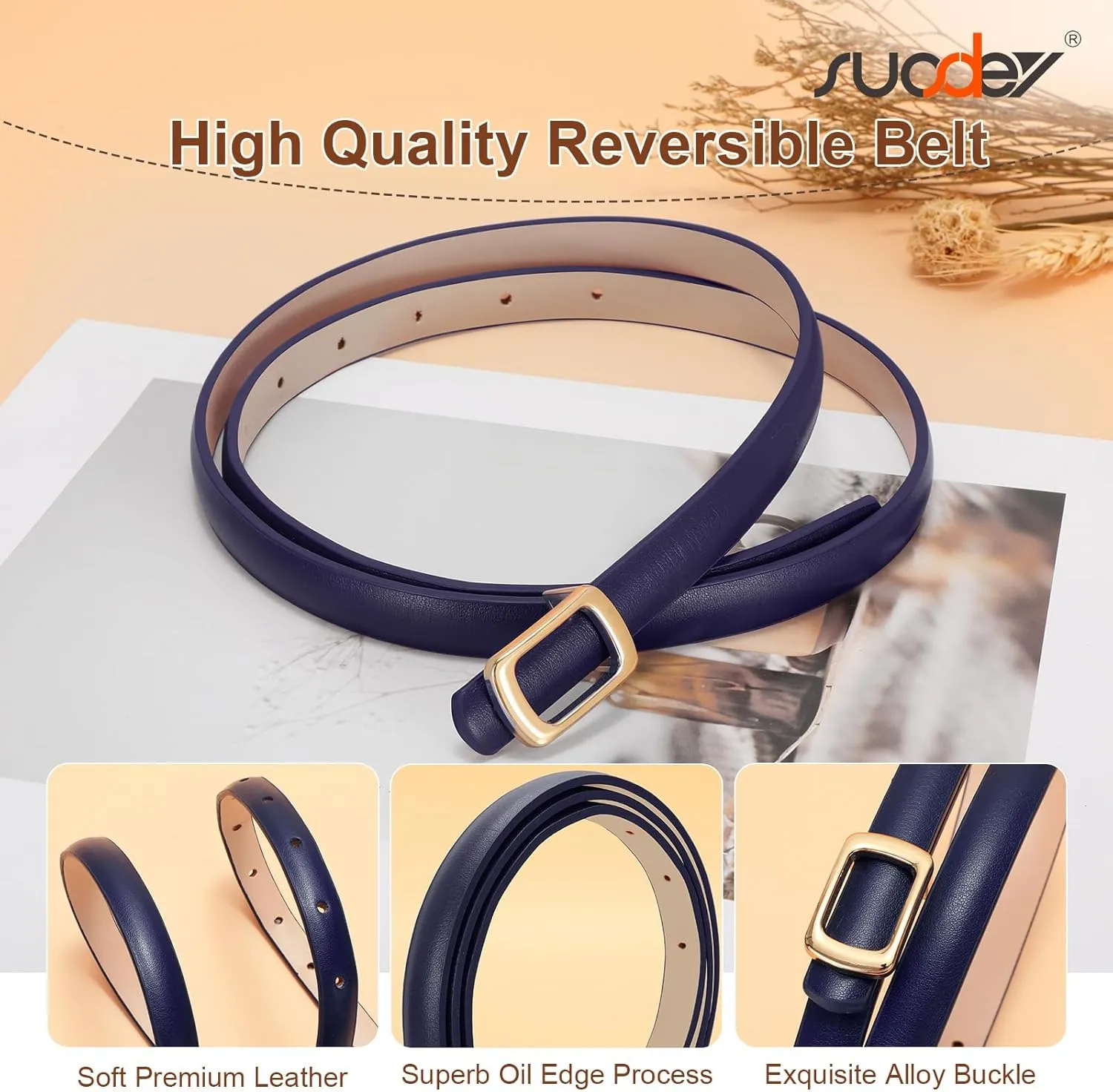 SUOSDEY 2 Pack Women Reversible Thin Leather Belts for Dresses Skinny Waist Belts for Jeans Pants, 0.6" Width