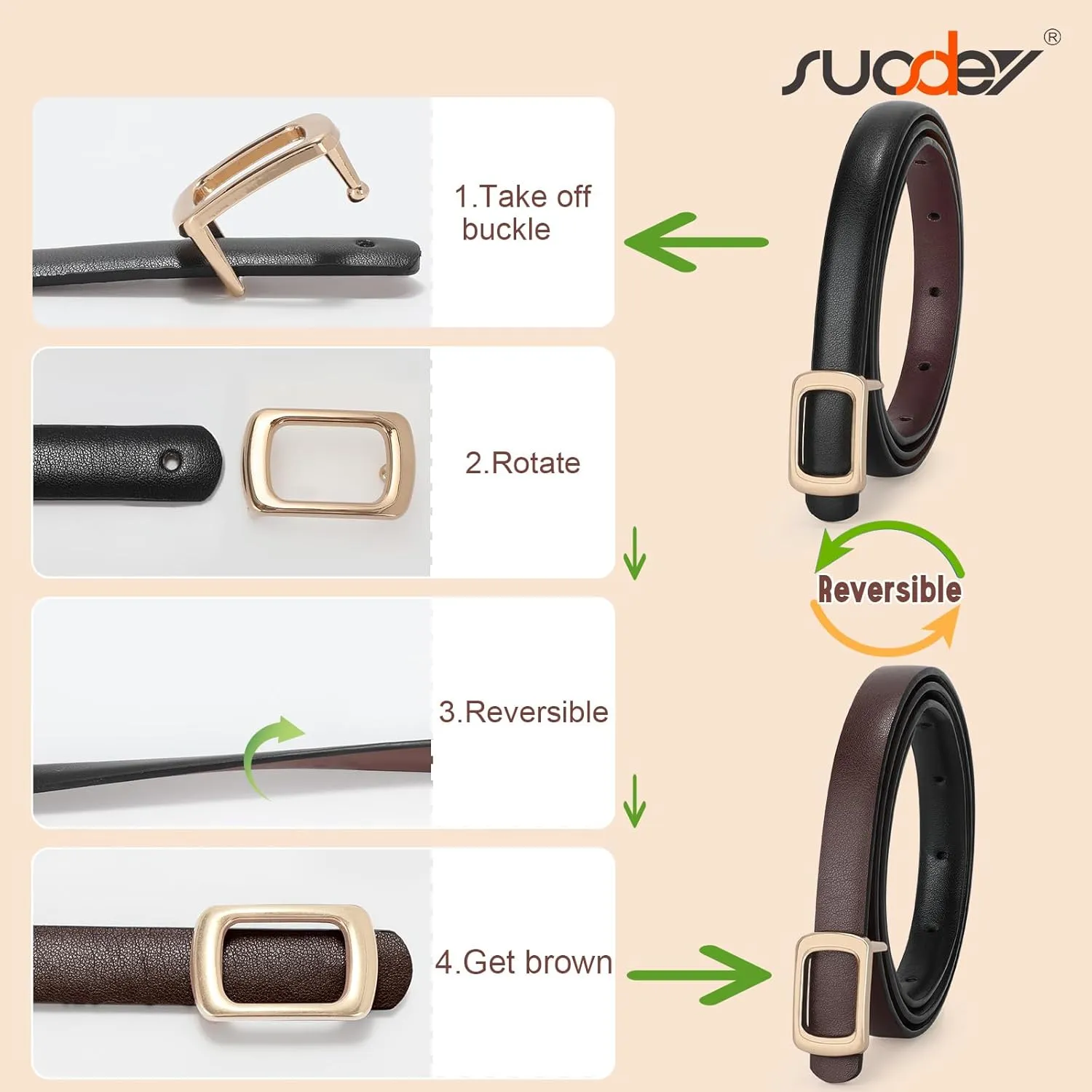 SUOSDEY 2 Pack Women Reversible Thin Leather Belts for Dresses Skinny Waist Belts for Jeans Pants, 0.6" Width