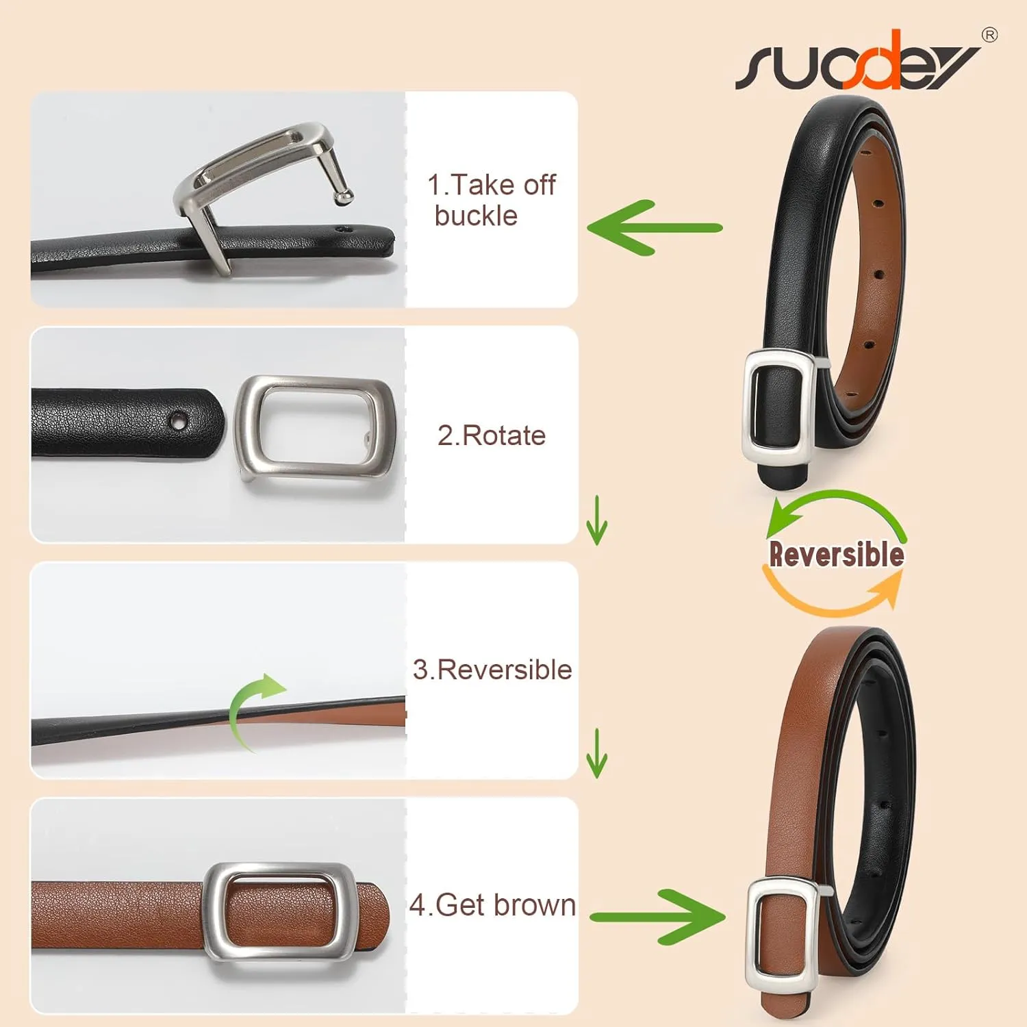 SUOSDEY 2 Pack Women Reversible Thin Leather Belts for Dresses Skinny Waist Belts for Jeans Pants, 0.6" Width