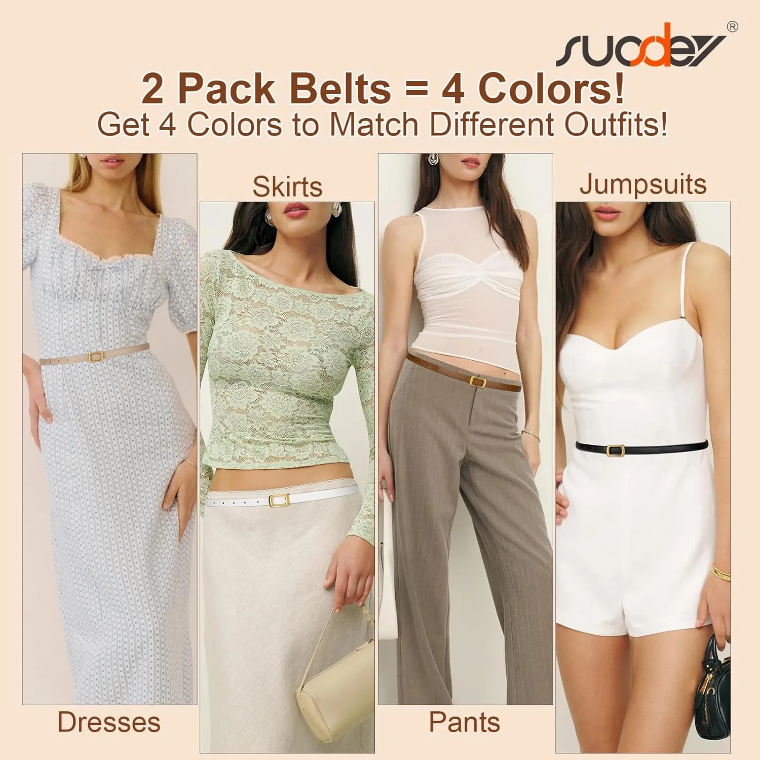 SUOSDEY 2 Pack Women Reversible Thin Leather Belts for Dresses Skinny Waist Belts for Jeans Pants, 0.6" Width