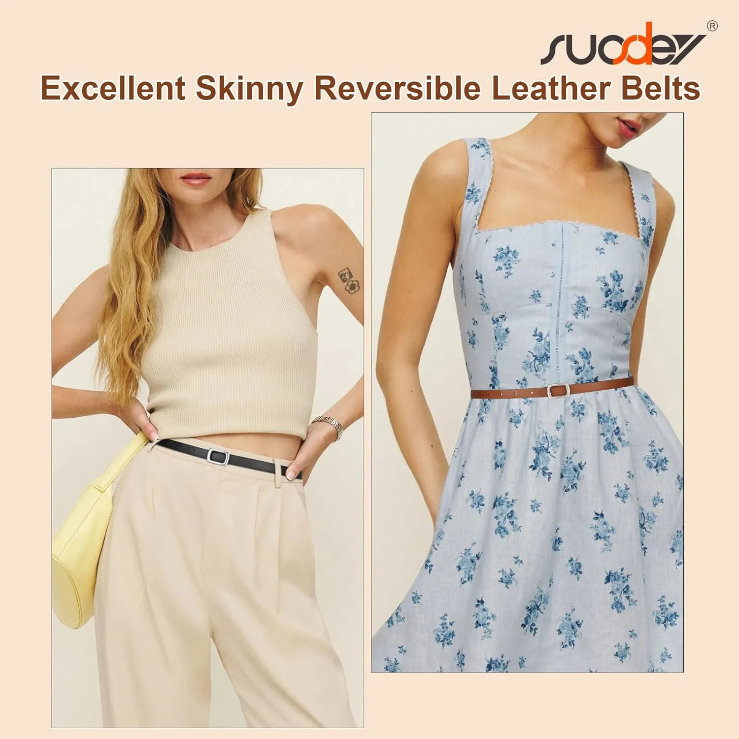 SUOSDEY 2 Pack Women Reversible Thin Leather Belts for Dresses Skinny Waist Belts for Jeans Pants, 0.6" Width