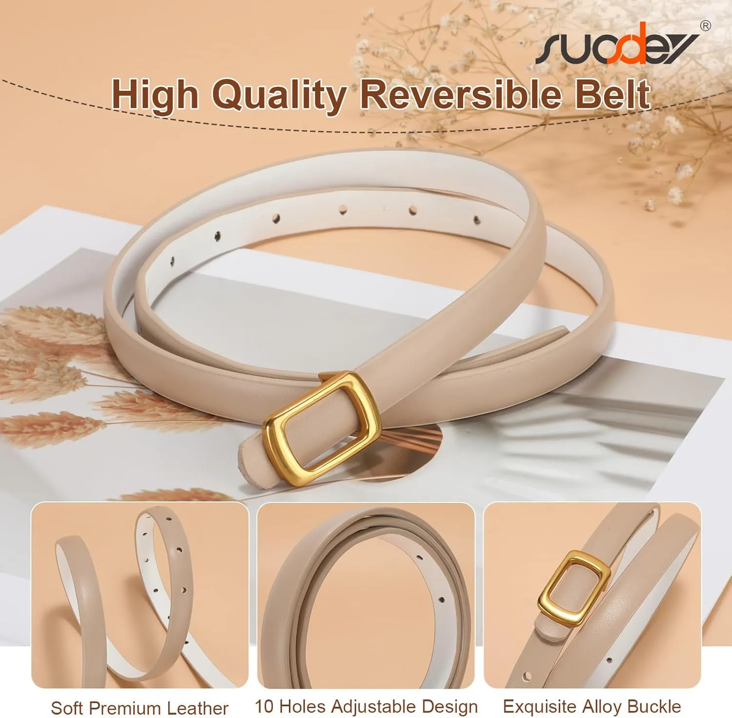 SUOSDEY 2 Pack Women Reversible Thin Leather Belts for Dresses Skinny Waist Belts for Jeans Pants, 0.6" Width