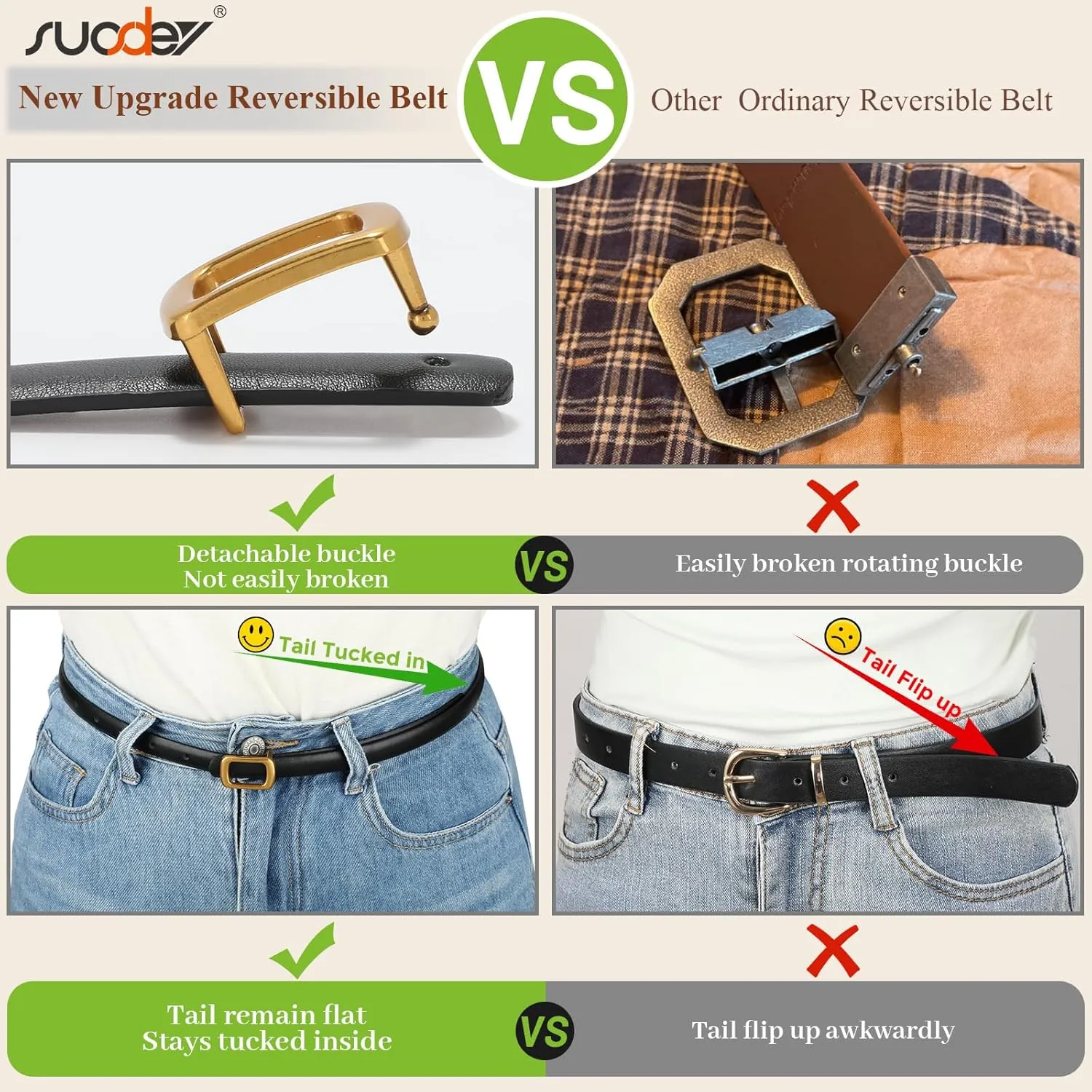 SUOSDEY 2 Pack Women Reversible Thin Leather Belts for Dresses Skinny Waist Belts for Jeans Pants, 0.6" Width
