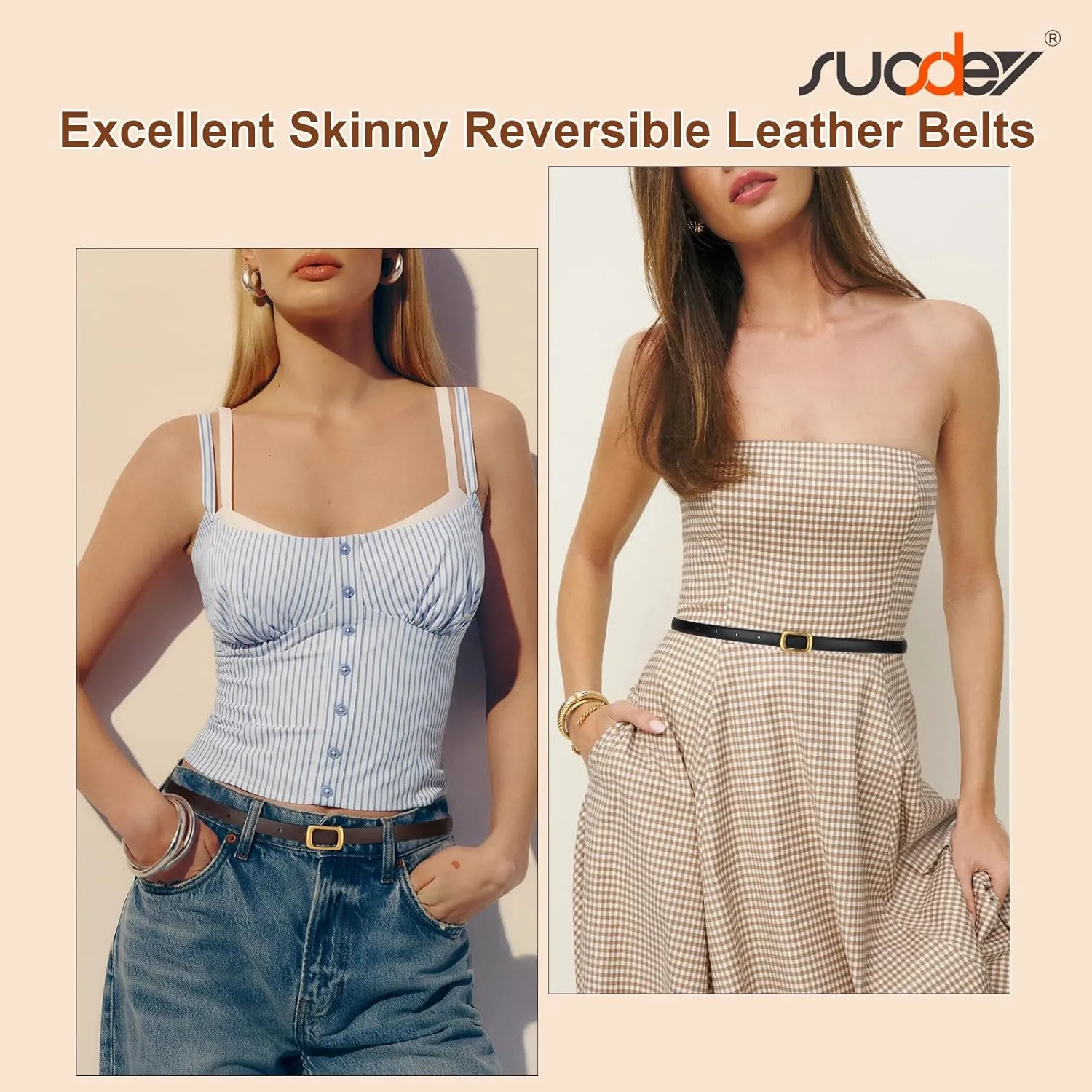 SUOSDEY 2 Pack Women Reversible Thin Leather Belts for Dresses Skinny Waist Belts for Jeans Pants, 0.6" Width