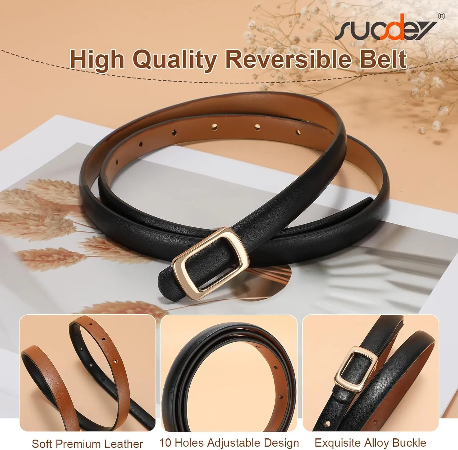 SUOSDEY 2 Pack Women Reversible Thin Leather Belts for Dresses Skinny Waist Belts for Jeans Pants, 0.6" Width
