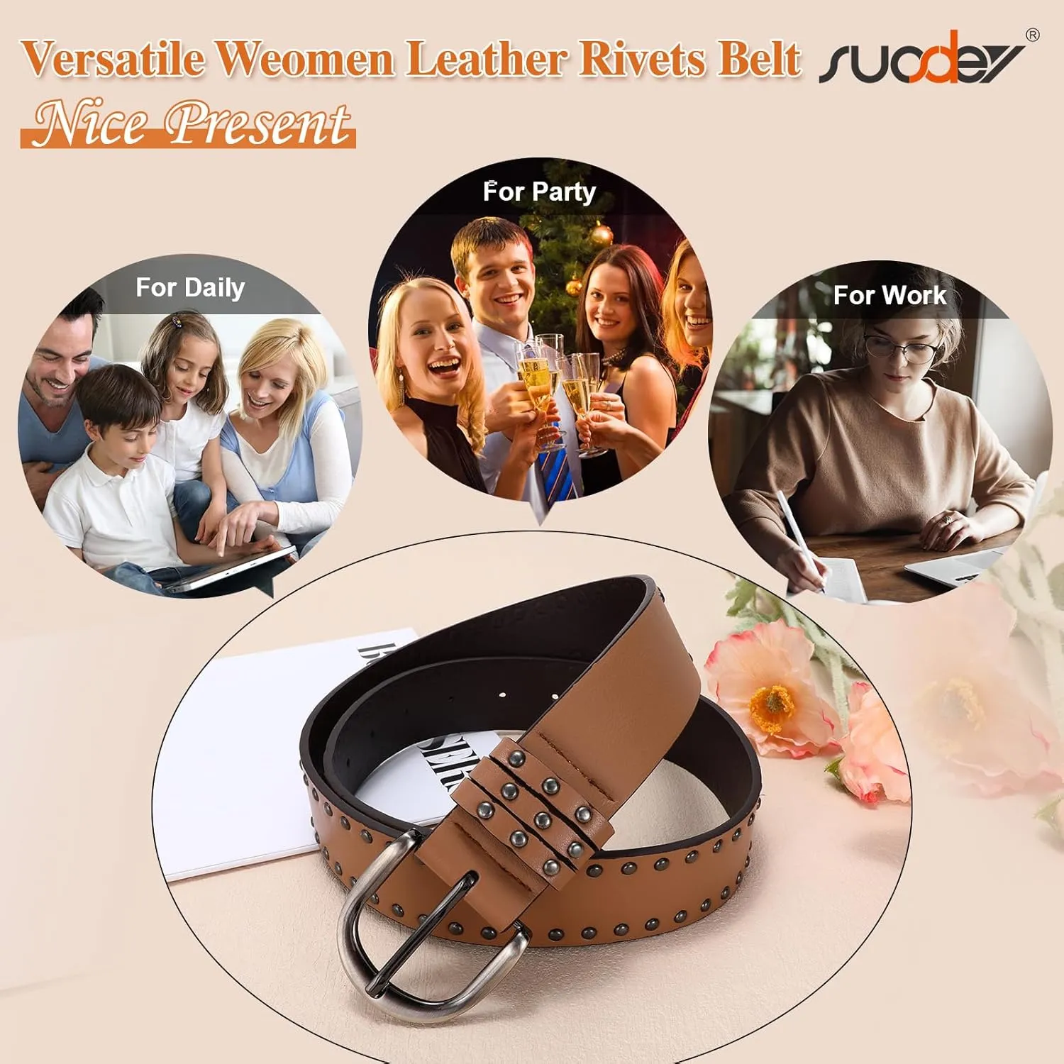 SUOSDEY Women Leather Rivets Belts for Jeans Pants Dresses Studded Leather Belts with Silver Buckle