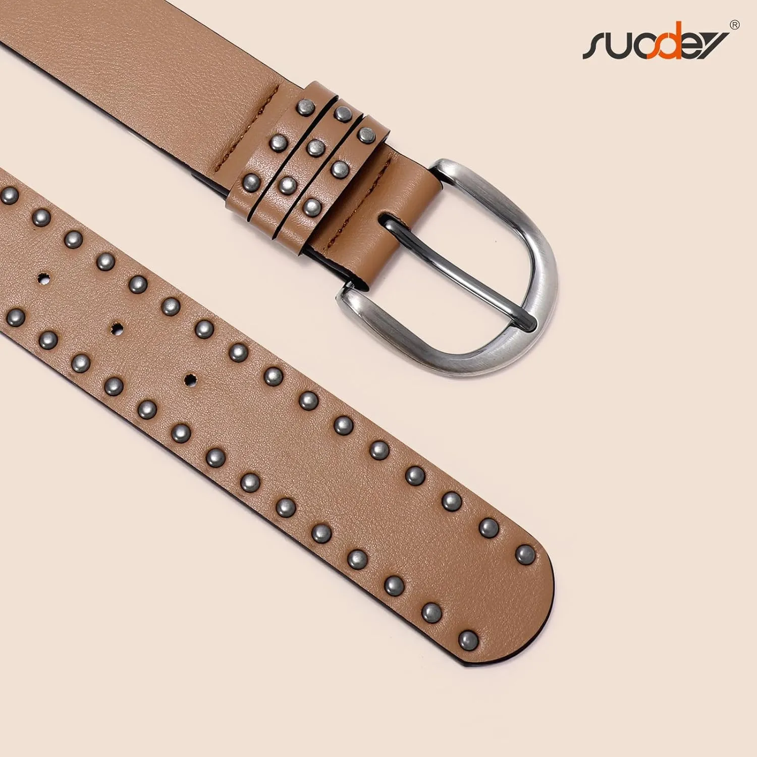 SUOSDEY Women Leather Rivets Belts for Jeans Pants Dresses Studded Leather Belts with Silver Buckle