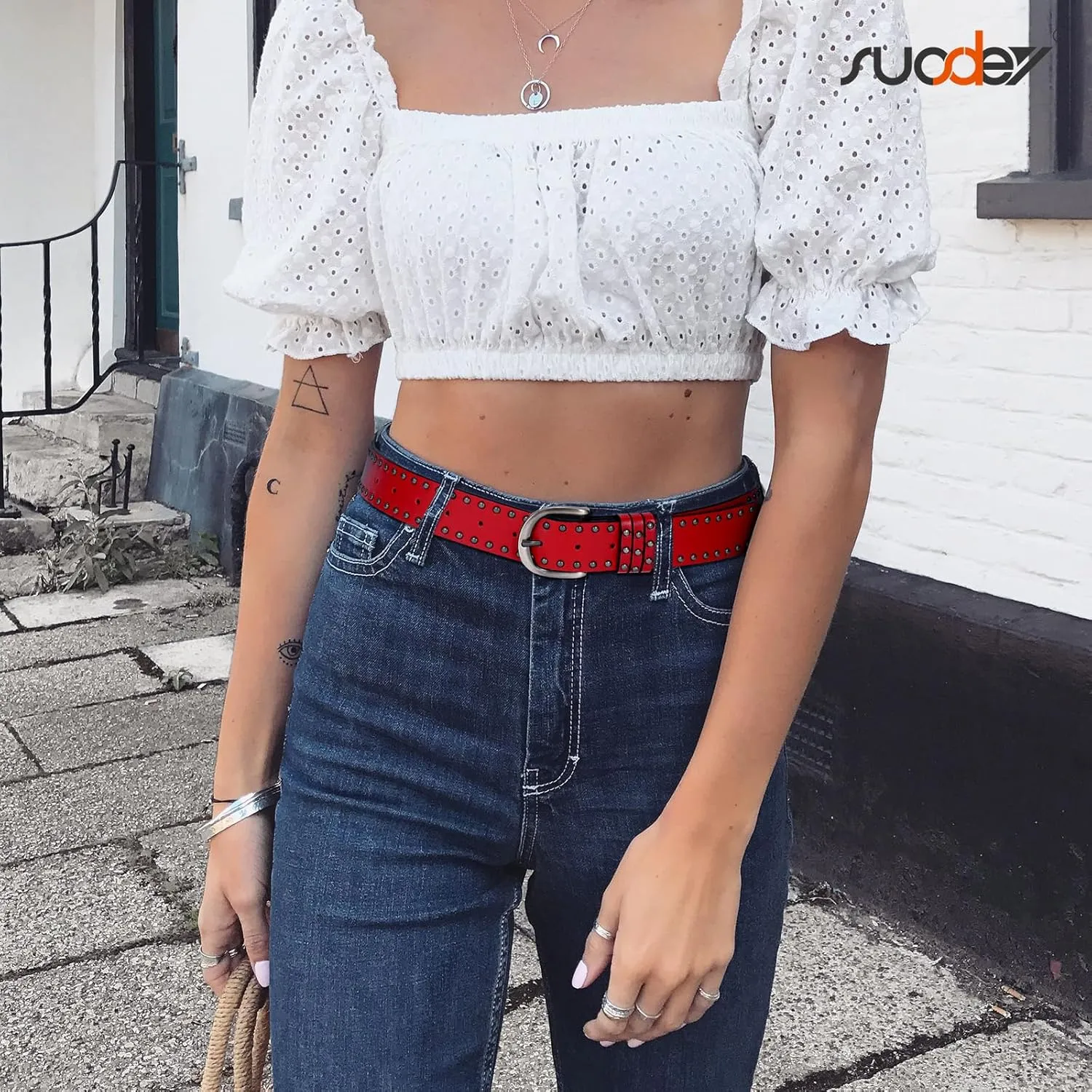SUOSDEY Women Leather Rivets Belts for Jeans Pants Dresses Studded Leather Belts with Silver Buckle