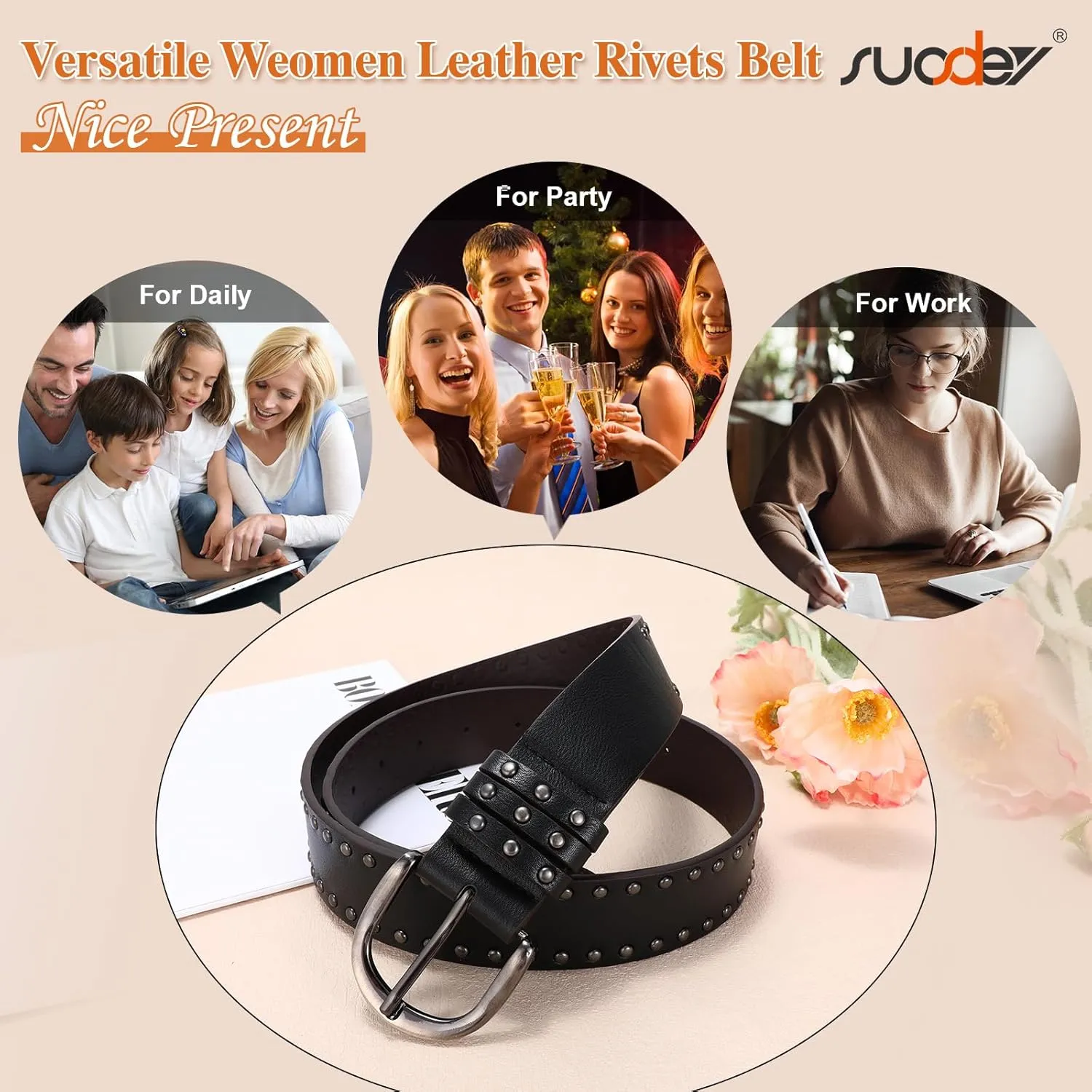 SUOSDEY Women Leather Rivets Belts for Jeans Pants Dresses Studded Leather Belts with Silver Buckle