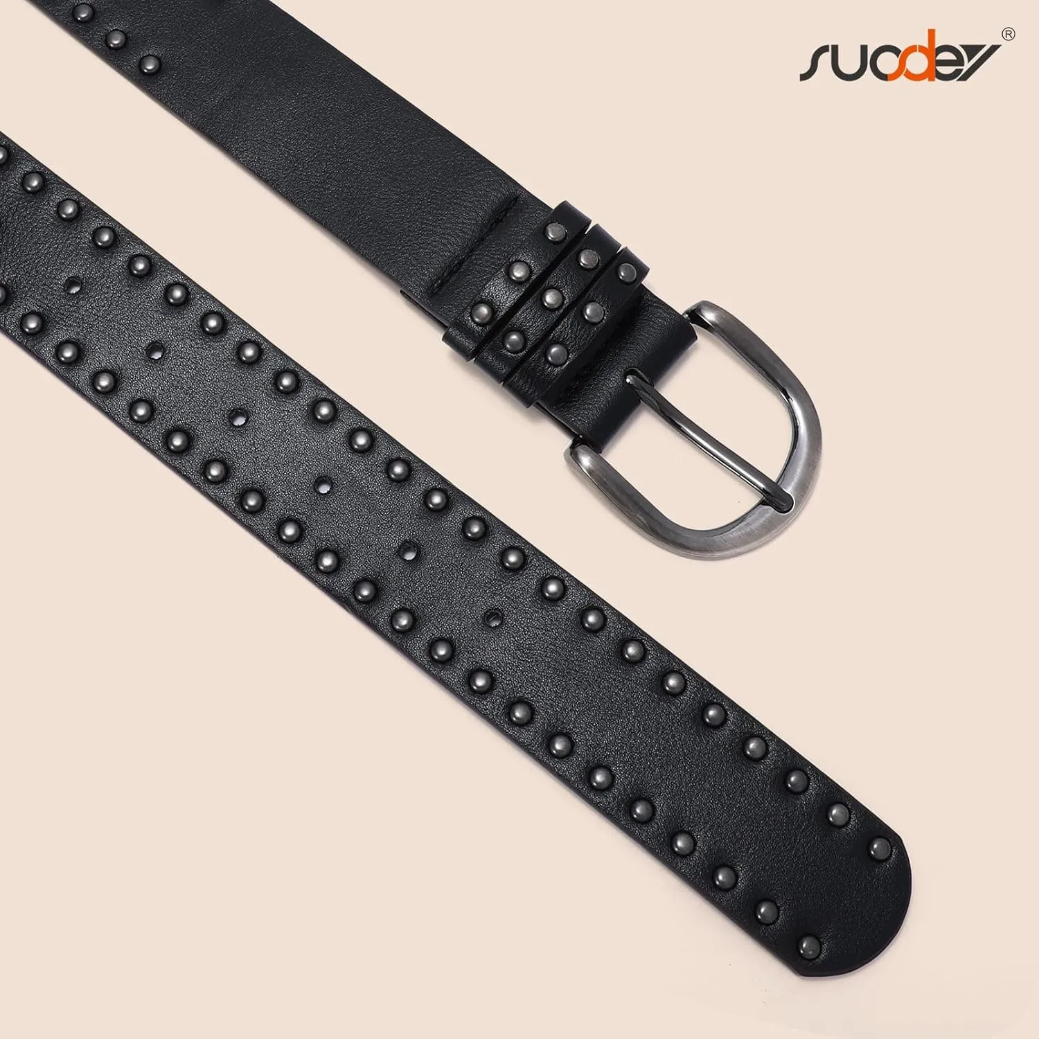 SUOSDEY Women Leather Rivets Belts for Jeans Pants Dresses Studded Leather Belts with Silver Buckle