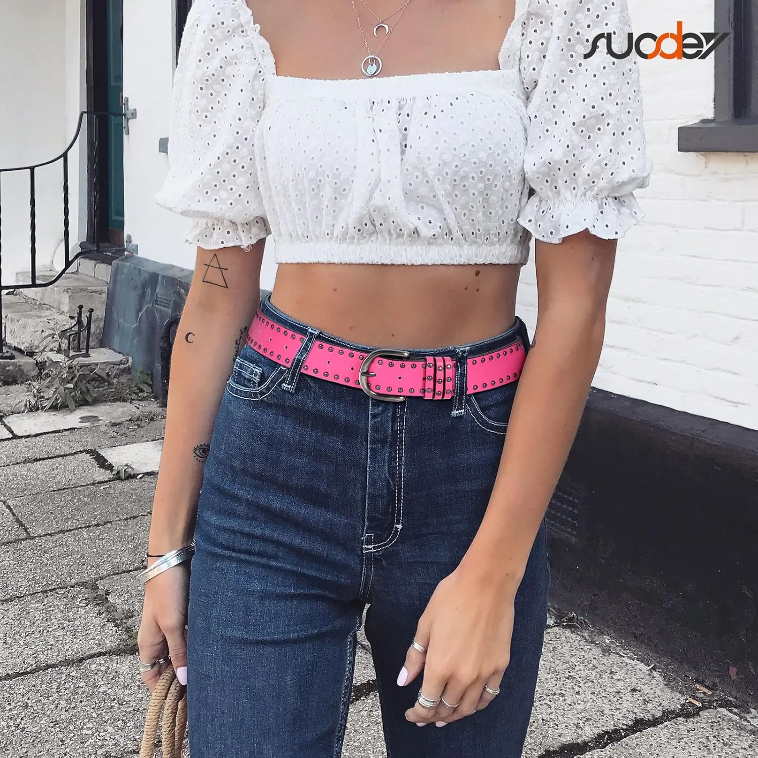 SUOSDEY Women Leather Rivets Belts for Jeans Pants Dresses Studded Leather Belts with Silver Buckle