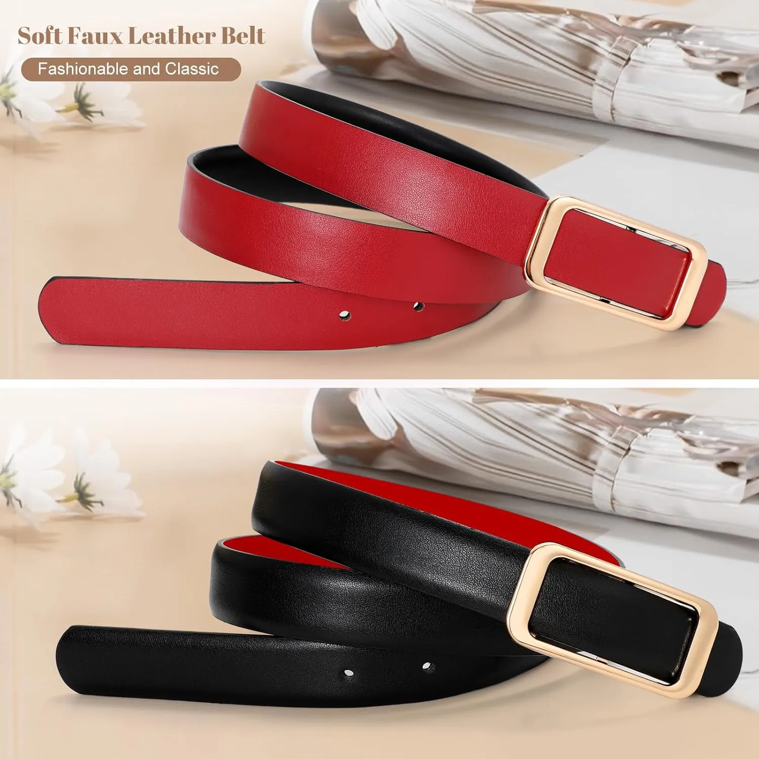 SUOSDEY Women Reversible Leather Belts for Jeans Pants Dresses Ladies Fashion Belts with Gold Buckle