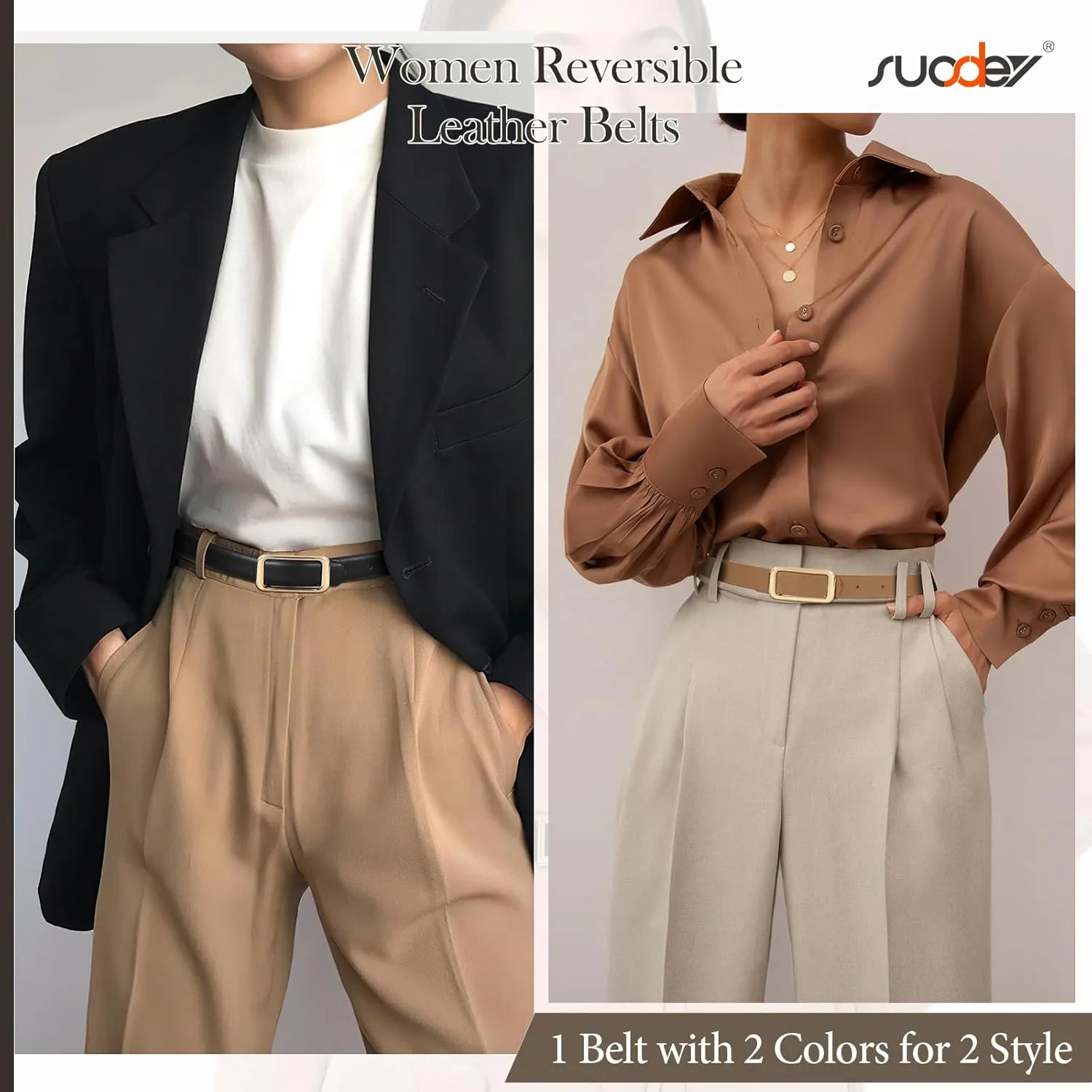 SUOSDEY Women Reversible Leather Belts for Jeans Pants Dresses Ladies Fashion Belts with Gold Buckle