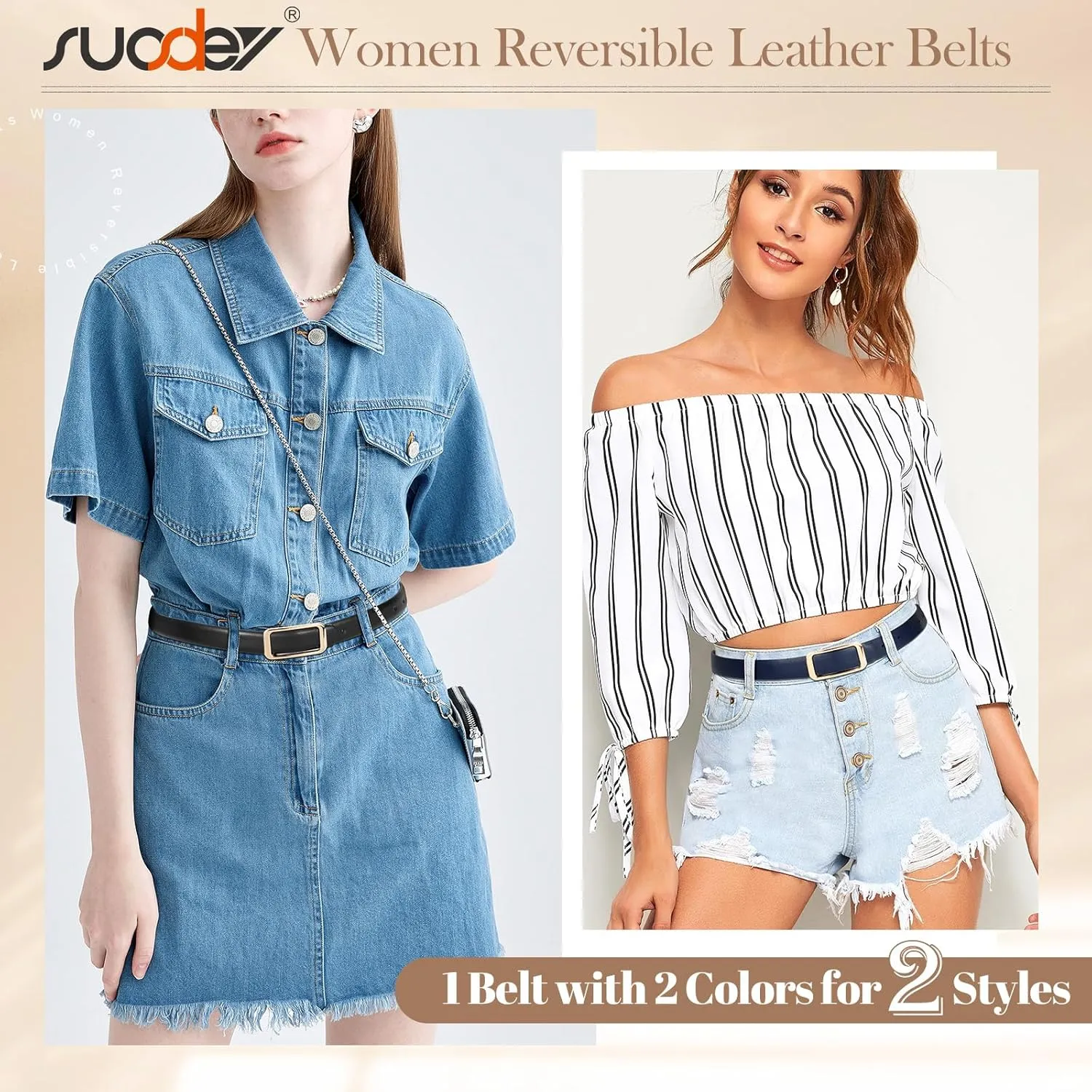 SUOSDEY Women Reversible Leather Belts for Jeans Pants Dresses Ladies Fashion Belts with Gold Buckle