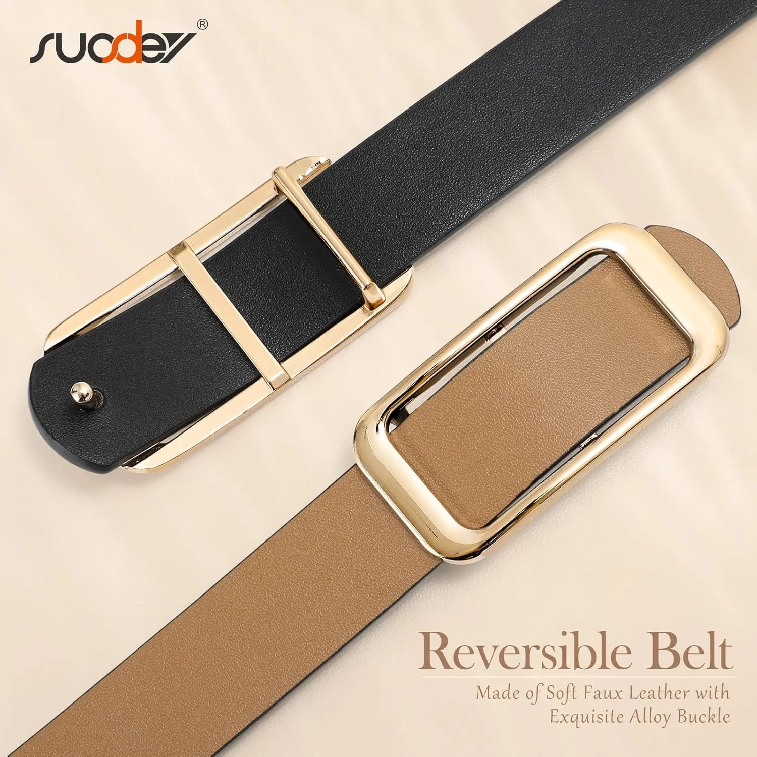 SUOSDEY Women Reversible Leather Belts for Jeans Pants Dresses Ladies Fashion Belts with Gold Buckle