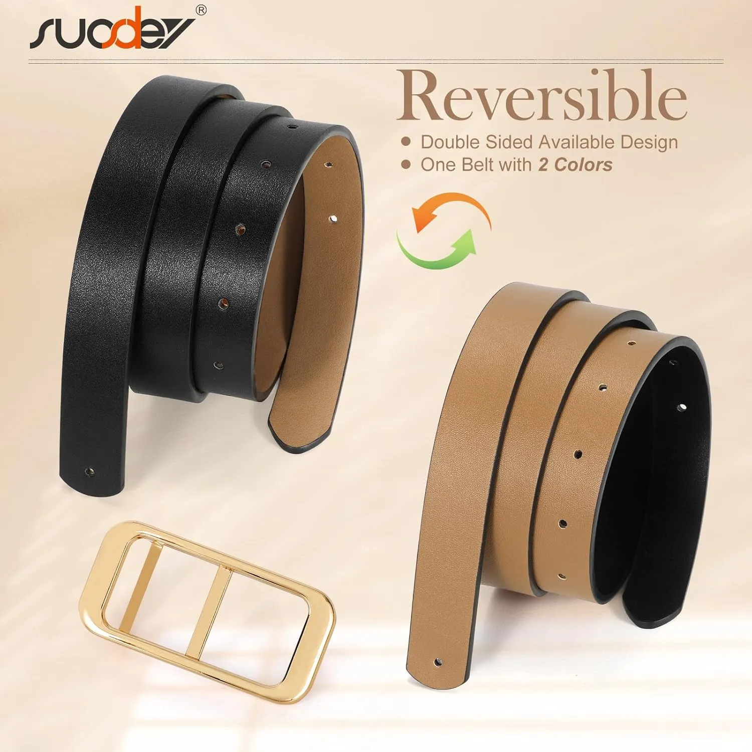 SUOSDEY Women Reversible Leather Belts for Jeans Pants Dresses Ladies Fashion Belts with Gold Buckle