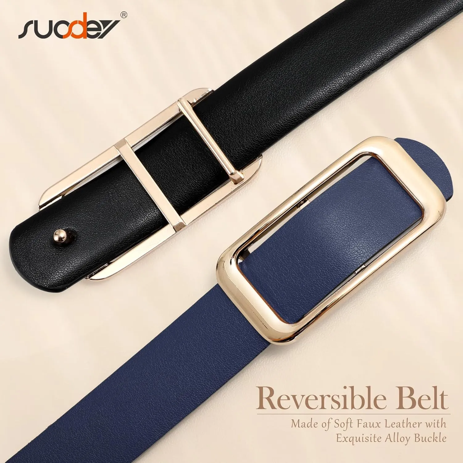 SUOSDEY Women Reversible Leather Belts for Jeans Pants Dresses Ladies Fashion Belts with Gold Buckle