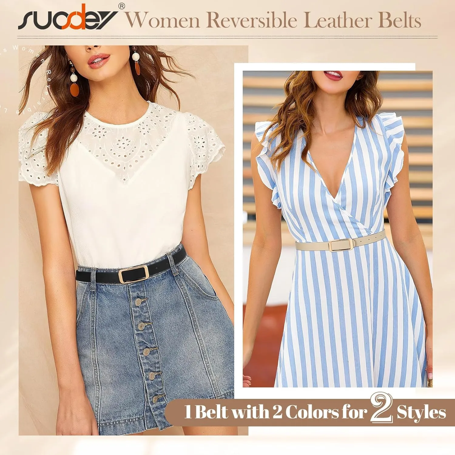 SUOSDEY Women Reversible Leather Belts for Jeans Pants Dresses Ladies Fashion Belts with Gold Buckle