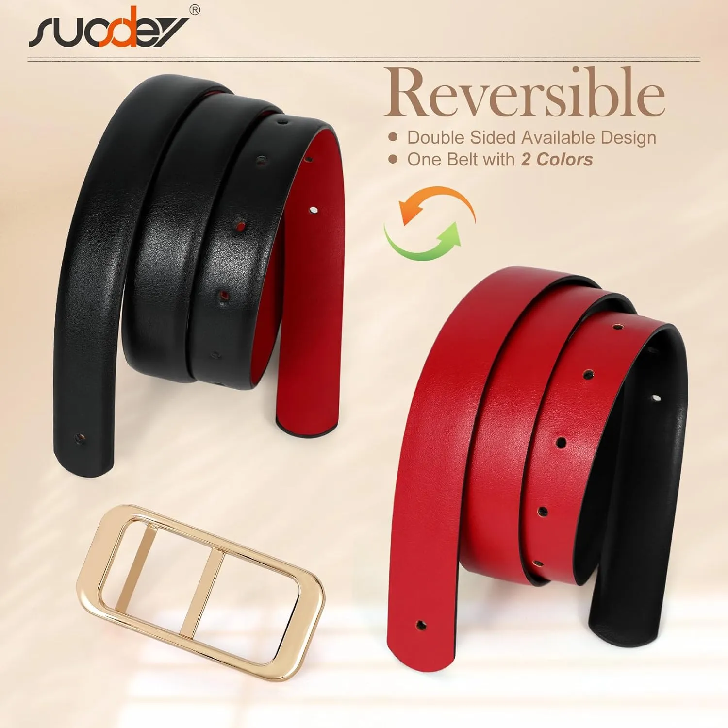 SUOSDEY Women Reversible Leather Belts for Jeans Pants Dresses Ladies Fashion Belts with Gold Buckle
