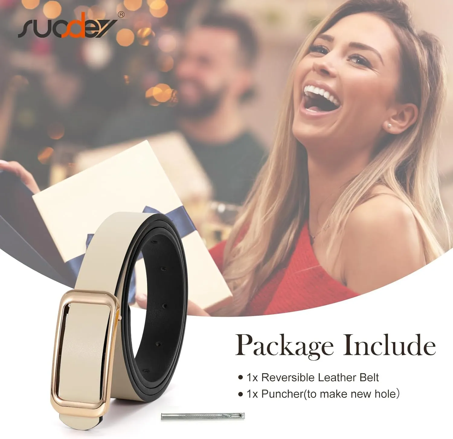 SUOSDEY Women Reversible Leather Belts for Jeans Pants Dresses Ladies Fashion Belts with Gold Buckle