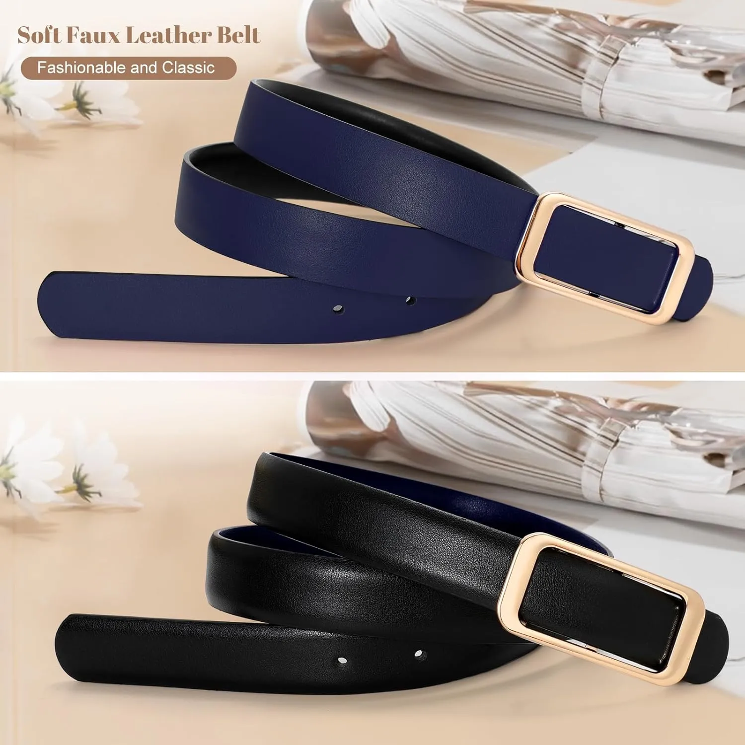 SUOSDEY Women Reversible Leather Belts for Jeans Pants Dresses Ladies Fashion Belts with Gold Buckle