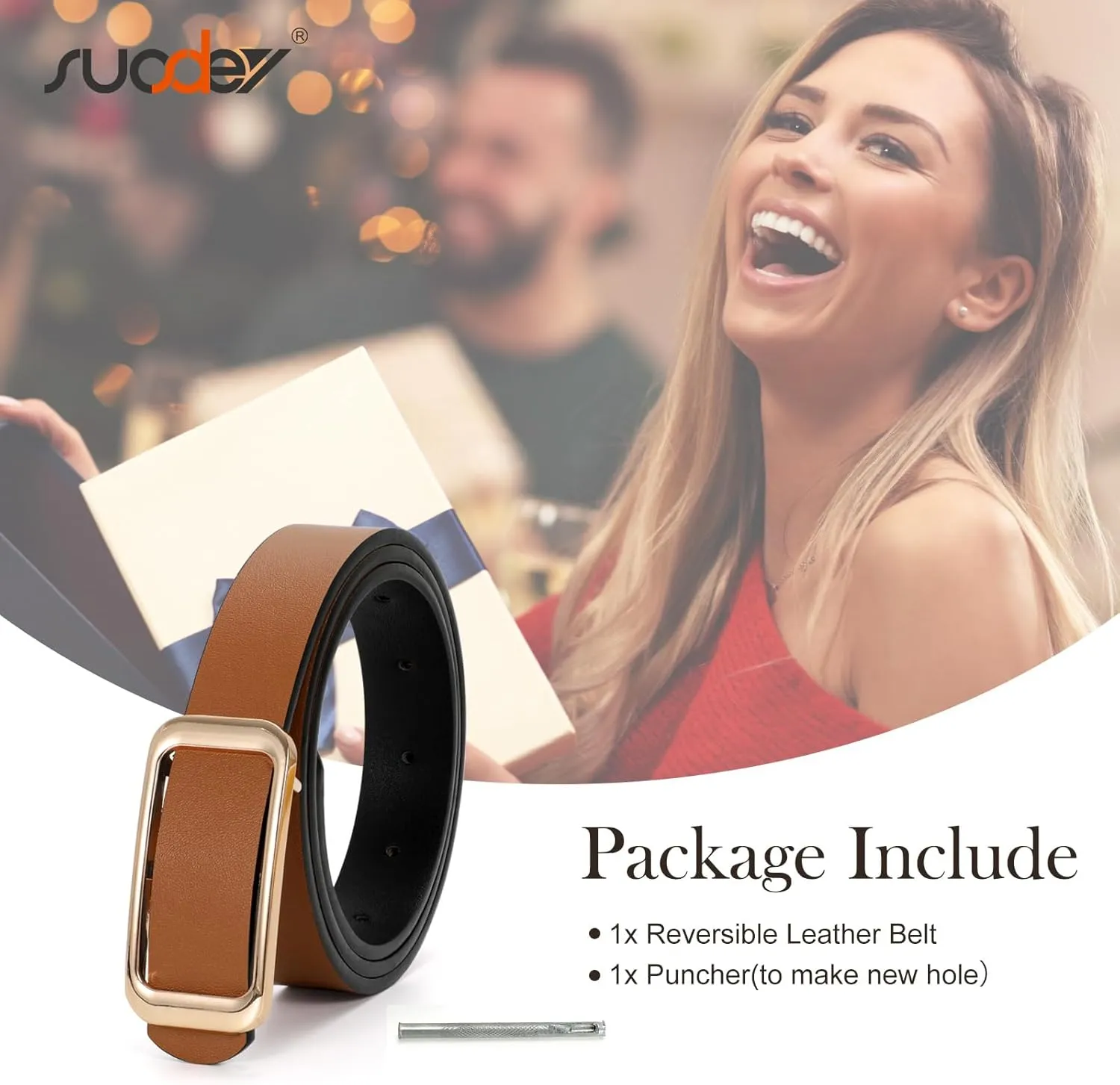 SUOSDEY Women Reversible Leather Belts for Jeans Pants Dresses Ladies Fashion Belts with Gold Buckle