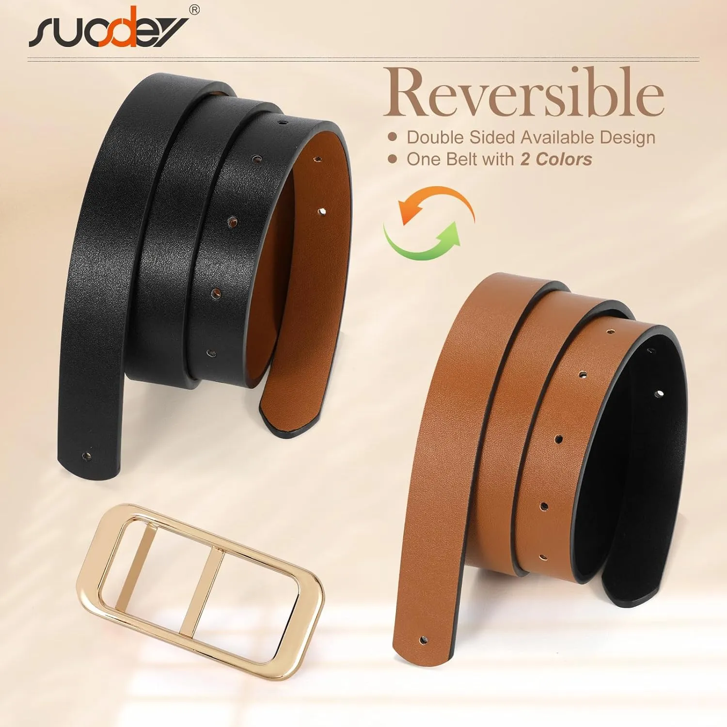 SUOSDEY Women Reversible Leather Belts for Jeans Pants Dresses Ladies Fashion Belts with Gold Buckle
