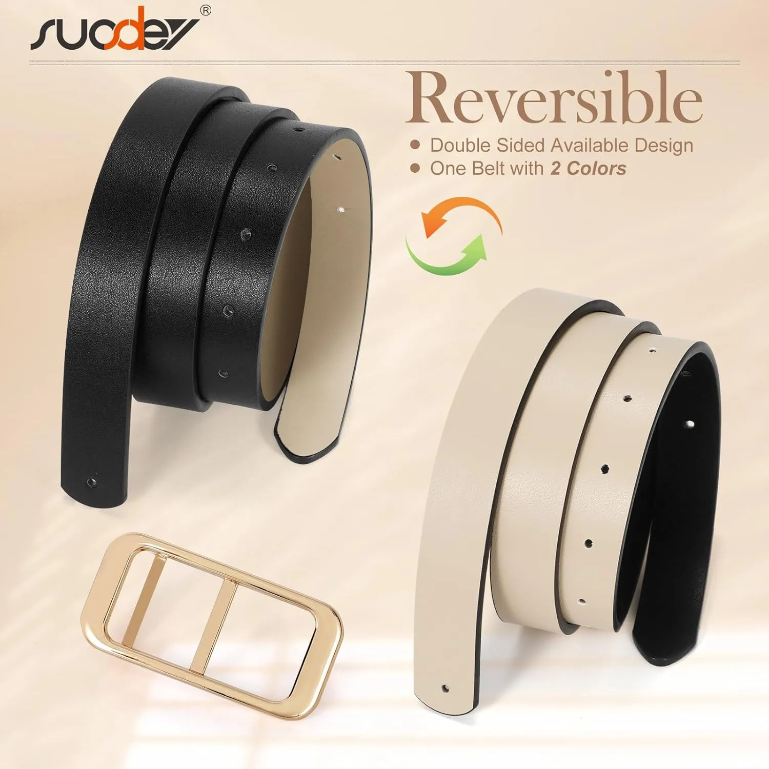 SUOSDEY Women Reversible Leather Belts for Jeans Pants Dresses Ladies Fashion Belts with Gold Buckle