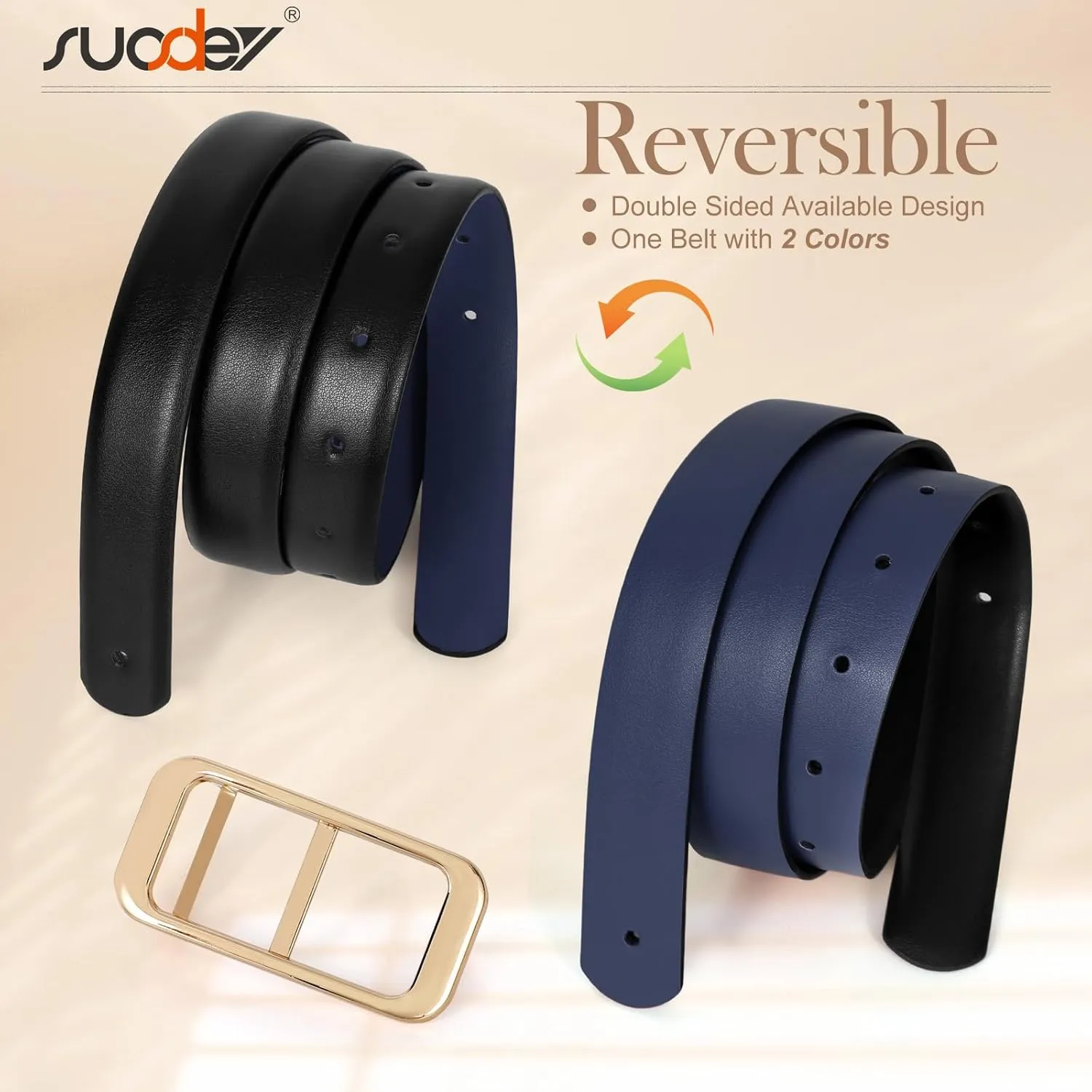 SUOSDEY Women Reversible Leather Belts for Jeans Pants Dresses Ladies Fashion Belts with Gold Buckle