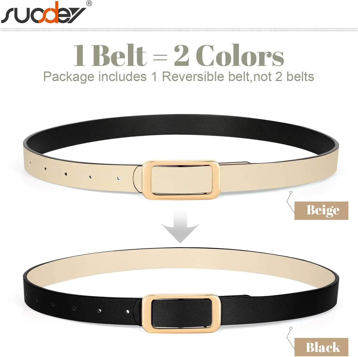 SUOSDEY Women Reversible Leather Belts for Jeans Pants Dresses Ladies Fashion Belts with Gold Buckle